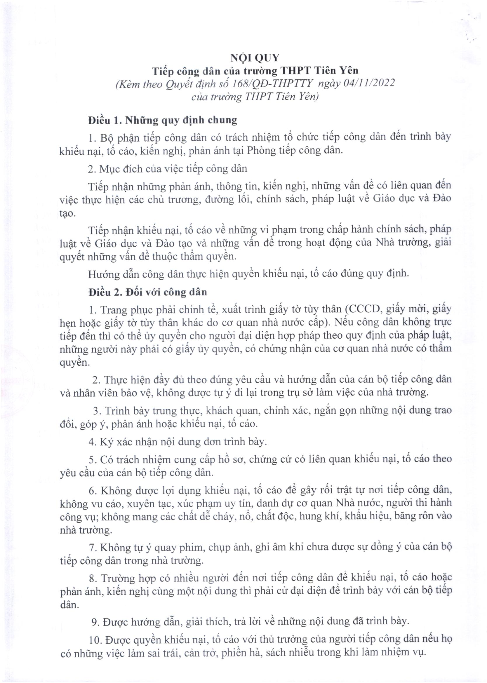 2022 11 04 QĐ 168 Ban hành Nội quy tiếp công dân năm học 2022 2023 02