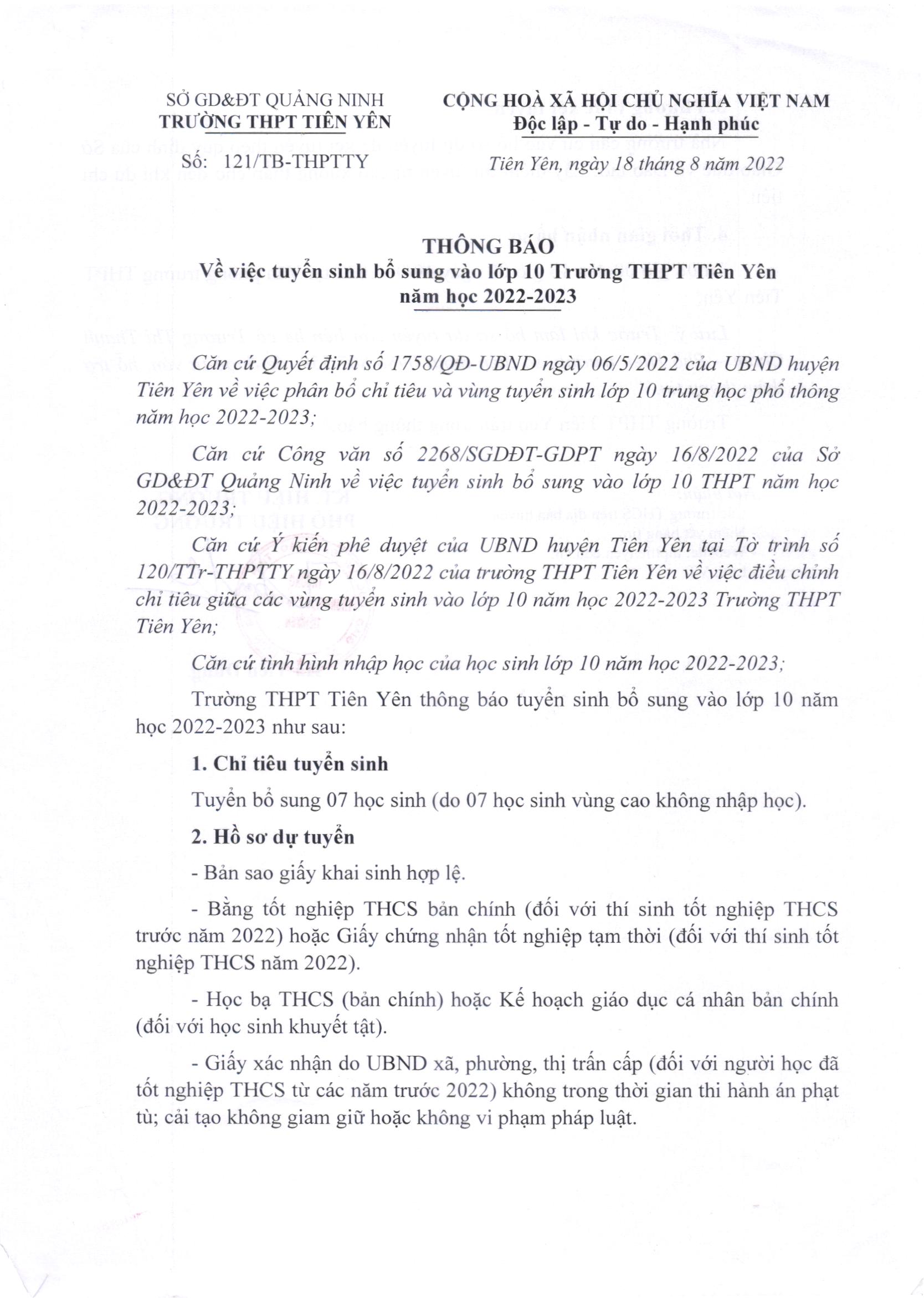 2022 8 18 TB 121 Thông báo tuyển sinh bổ sung lớp 10 Tiên Yên năm học 2022 2023 01