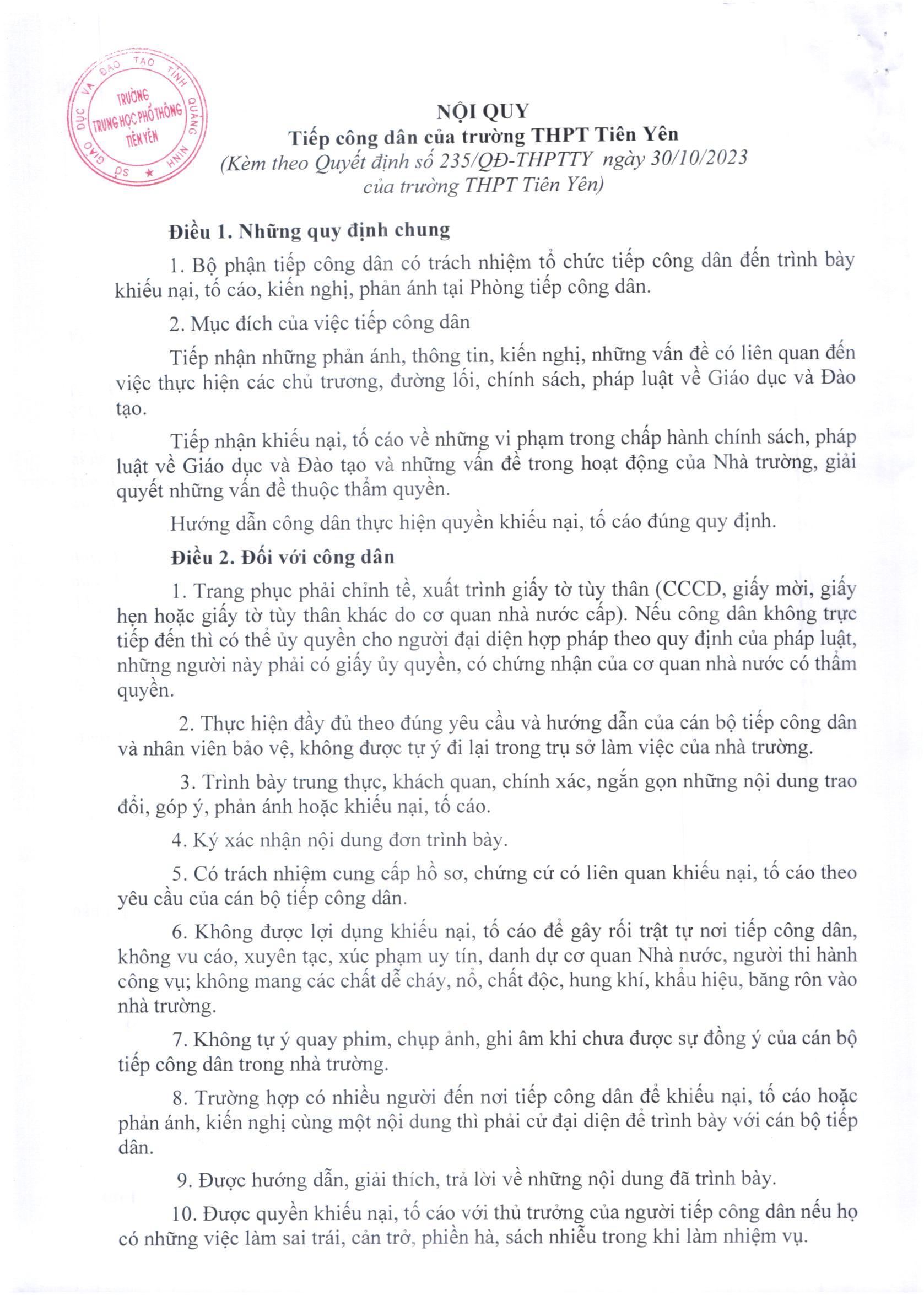 2023 10 30 QĐ 235 Ban hành Nội quy tiếp công dân của trường THPT Tiên Yên năm học 2023 2024 02