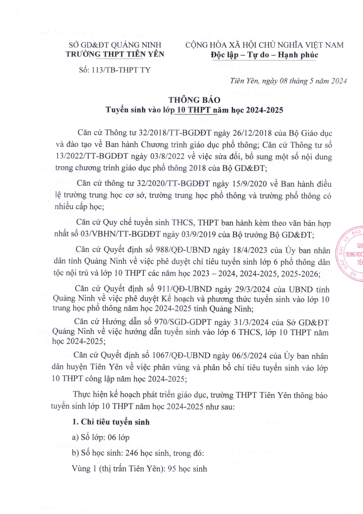 Thông báo Tuyn sinh lop 10 2024 2025 page 0001