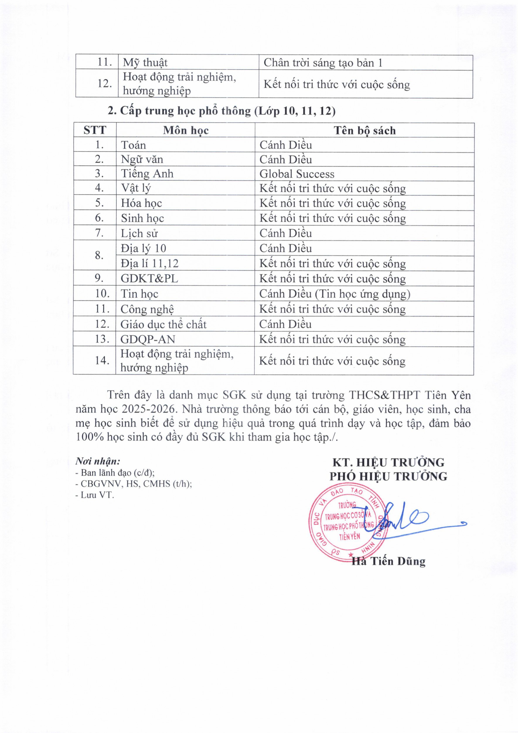 THCS&THPT Tiên Yên Thông báo danh mục SGK sử dụng trong năm học 2025 2026 hình ảnh 1